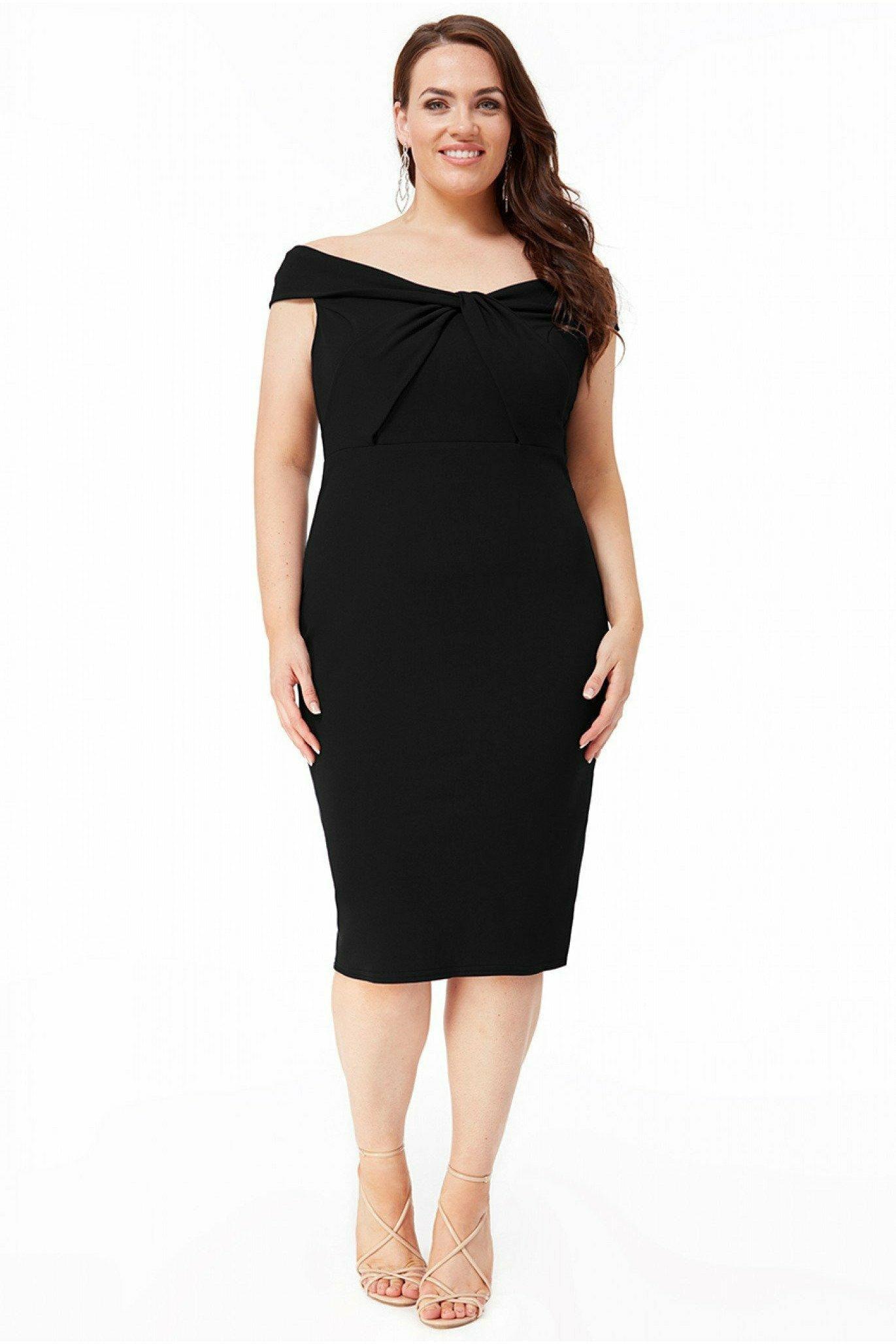 Платье миди больших размеров с закрученным вырезом спереди и бардо Goddiva, черный фото