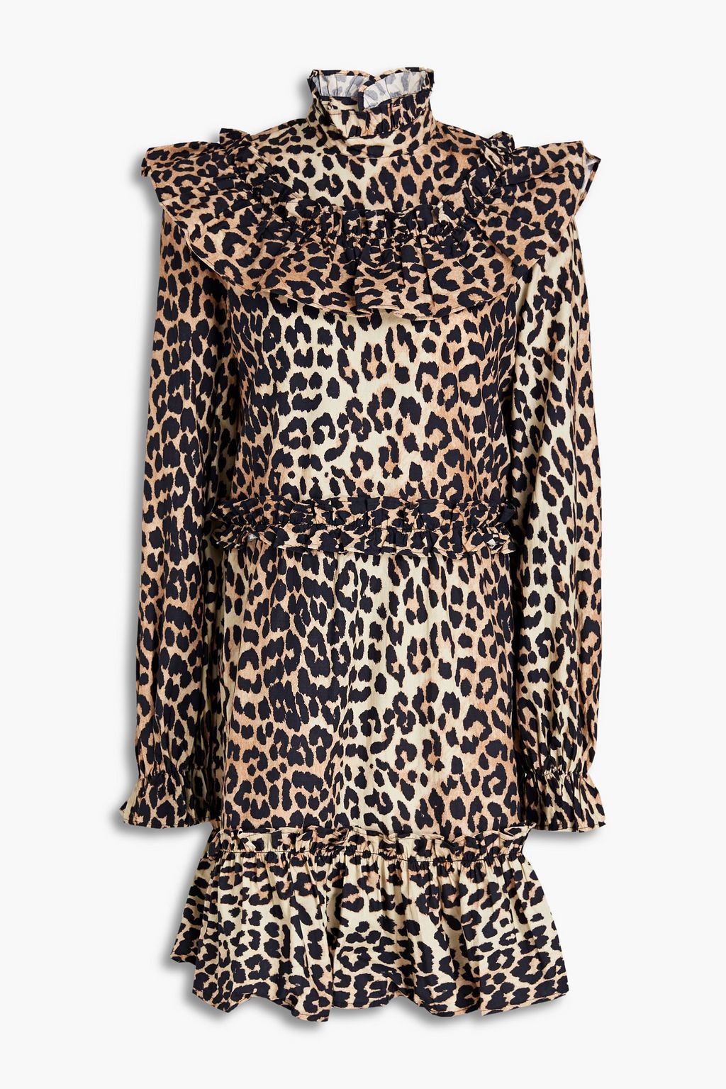 цена Хлопковое платье мини с леопардовым принтом и оборками GANNI, животный принт