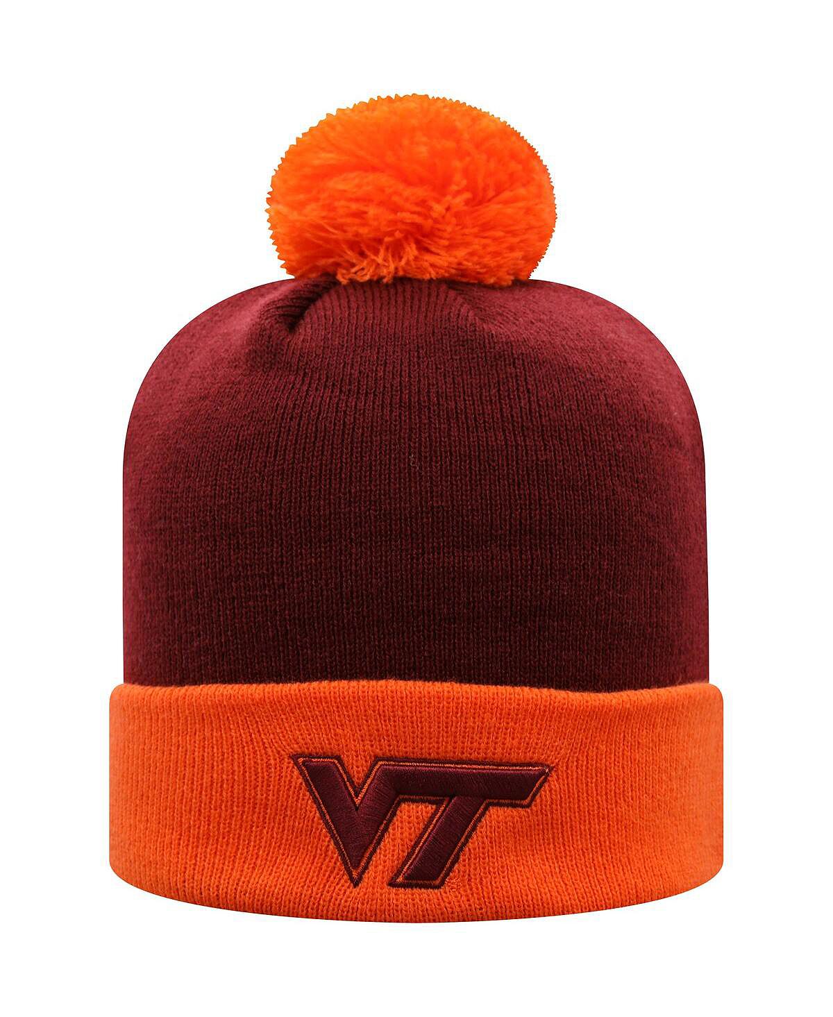 Мужская темно-бордовая и оранжевая вязаная шапка Virginia Tech Hokies Core, двухцветная с манжетами и помпоном Top of the World