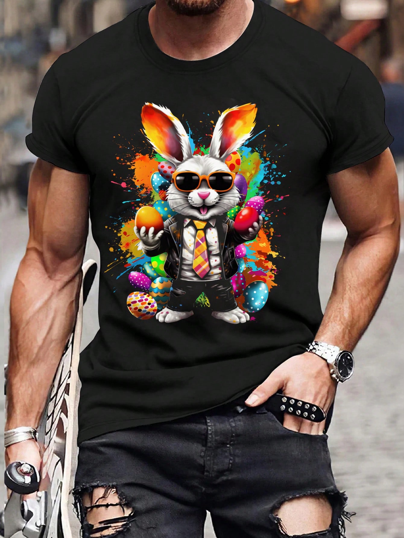 Мужская футболка с круглым вырезом и короткими рукавами с принтом «Пасхальный кролик», черный пасхальный кролик садовый двор плантатор симпатичный кролик пасхальная фигурка миниатюрное украшение животное уличный декор заяц де