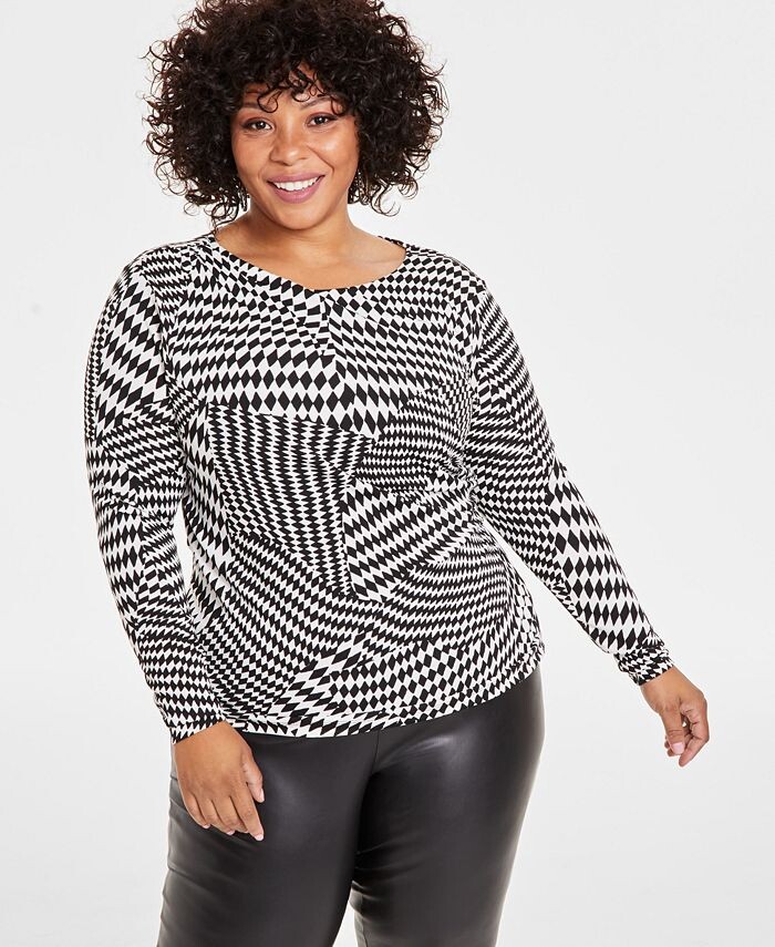 

Драпированный топ с длинными рукавами и принтом INC Plus Size I.N.C. International Concepts, черный