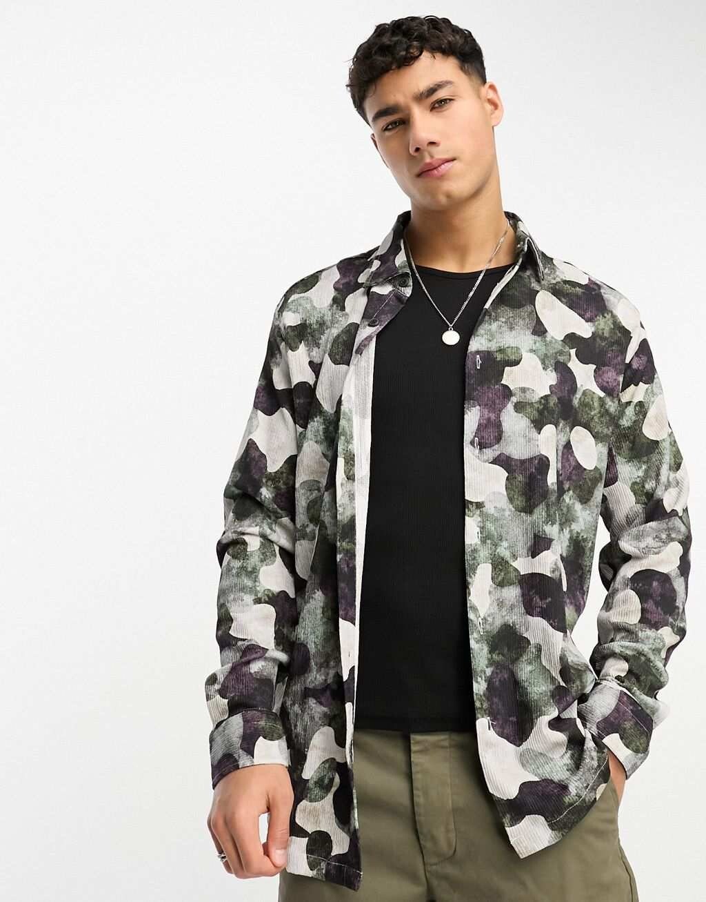 

Зеленая рубашка с длинными рукавами и камуфляжным принтом River Island