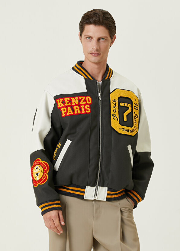 

Черно-белое шерстяное бомбер с логотипом Kenzo, Черный