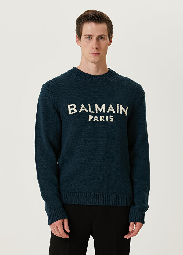 

Зеленый жаккардовый шерстяной свитер с логотипом Balmain