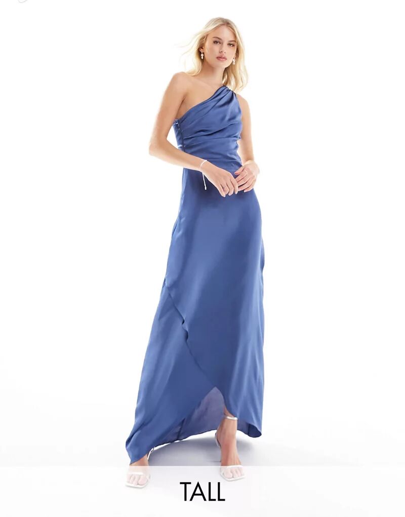 Астровое атласное платье макси на одно плечо и юбкой с запахом TFNC Bridesmaid