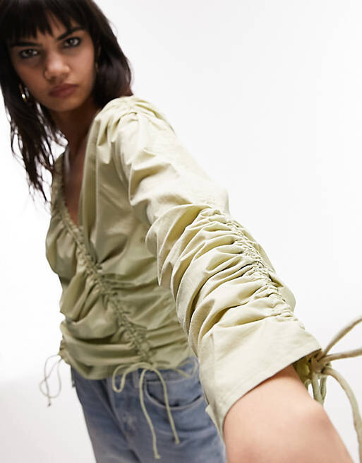 

Темно-зеленый топ из поплина со сборками Topshop