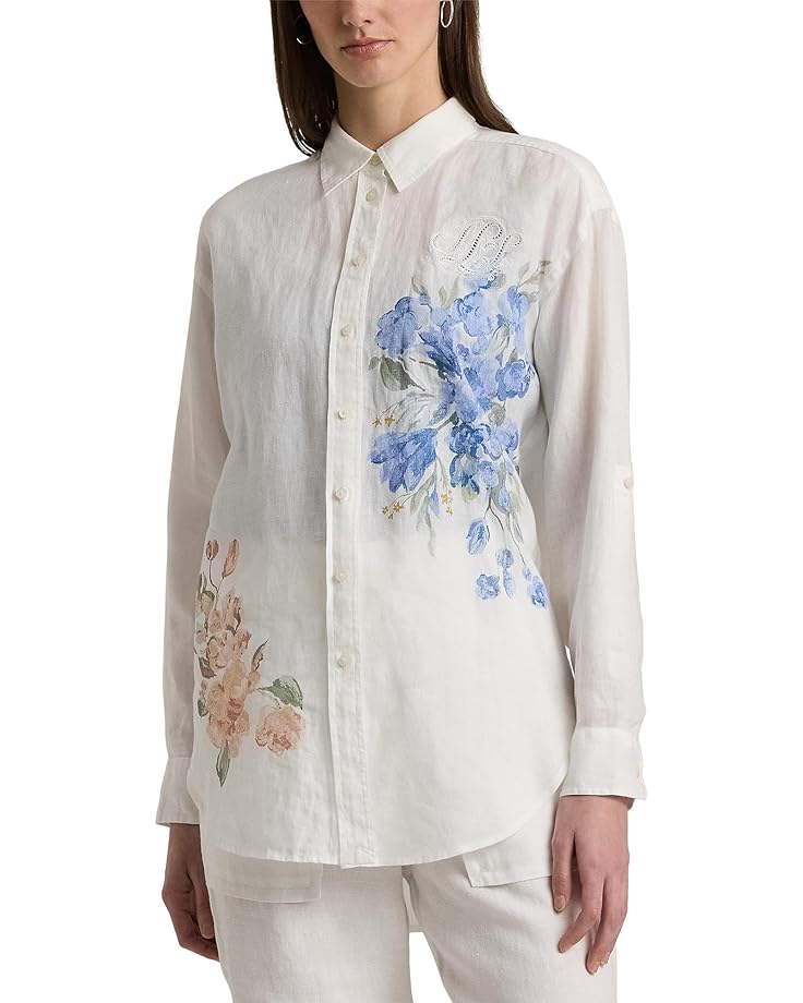 Рубашка LAUREN Ralph Lauren Oversize Floral Eyelet-Logo Linen, белый