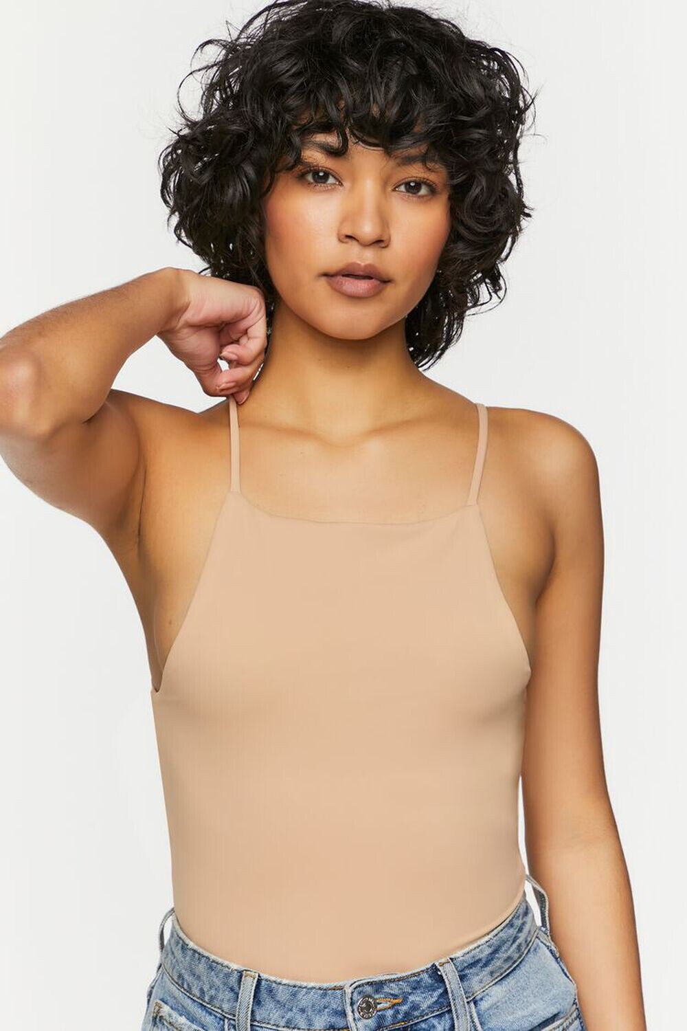 

Боди Contour с высоким вырезом Forever 21, песочный