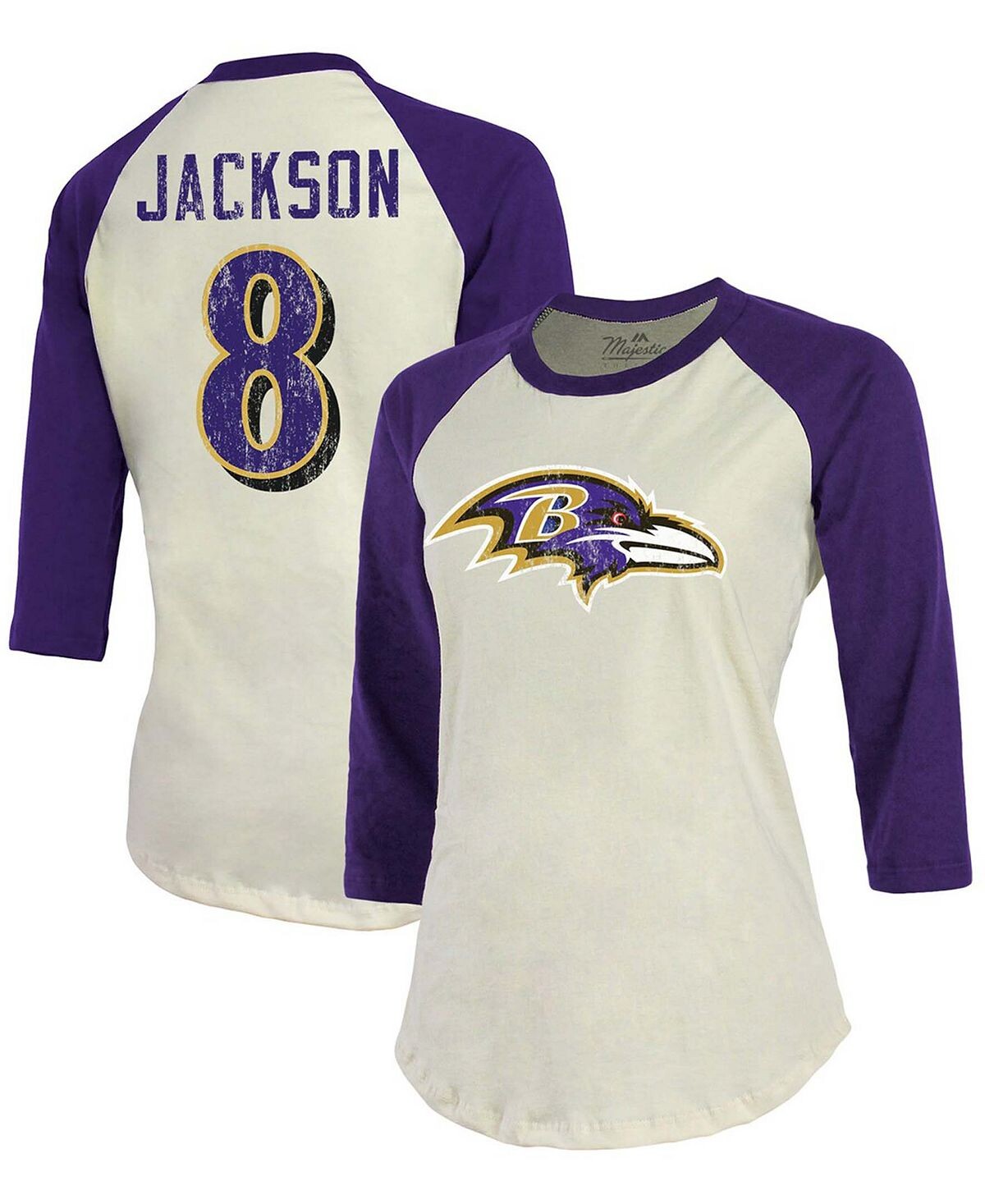 

Женская футболка Lamar Jackson Cream, Purple Baltimore Ravens Player реглан, имя, номер, рукав 3/4 Fanatics