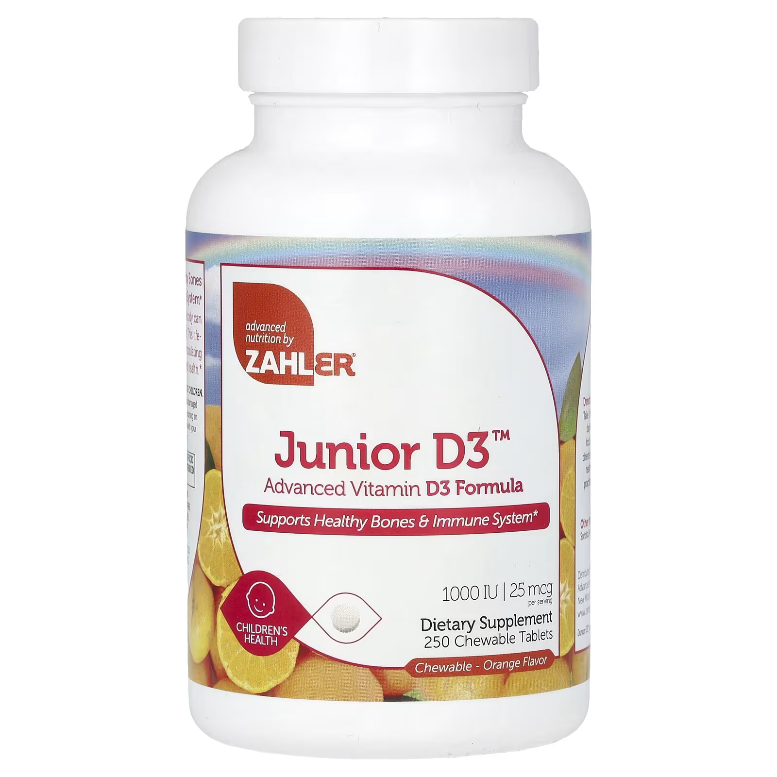 Витамин D3 Zahler Junior D3 Advanced со вкусом апельсина 25 мкг (1000 МЕ), 250 таблеток витамин d3 zahler junior 25 мкг 1000 ме 120 жевательных таблеток