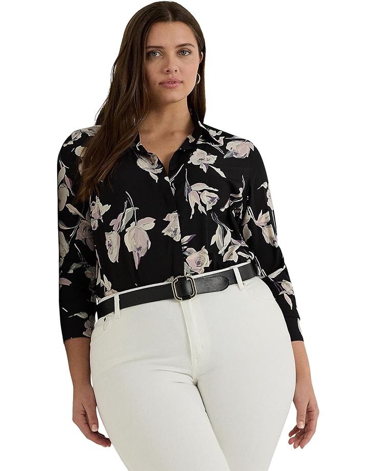 

Рубашка LAUREN Ralph Lauren Plus-Size Classic Fit Floral Crepe de Chine Shirt, черный