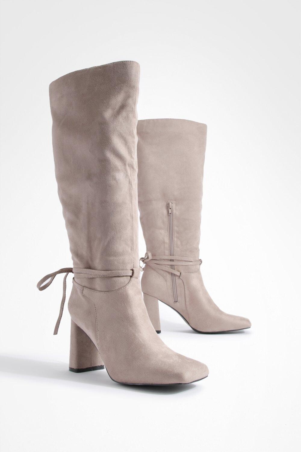 

Сапоги до колена с широким каблуком и бантом boohoo, бежевый