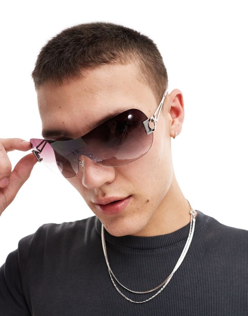 

Серебристые солнцезащитные очки без оправы с розово-серыми линзами ASOS DESIGN