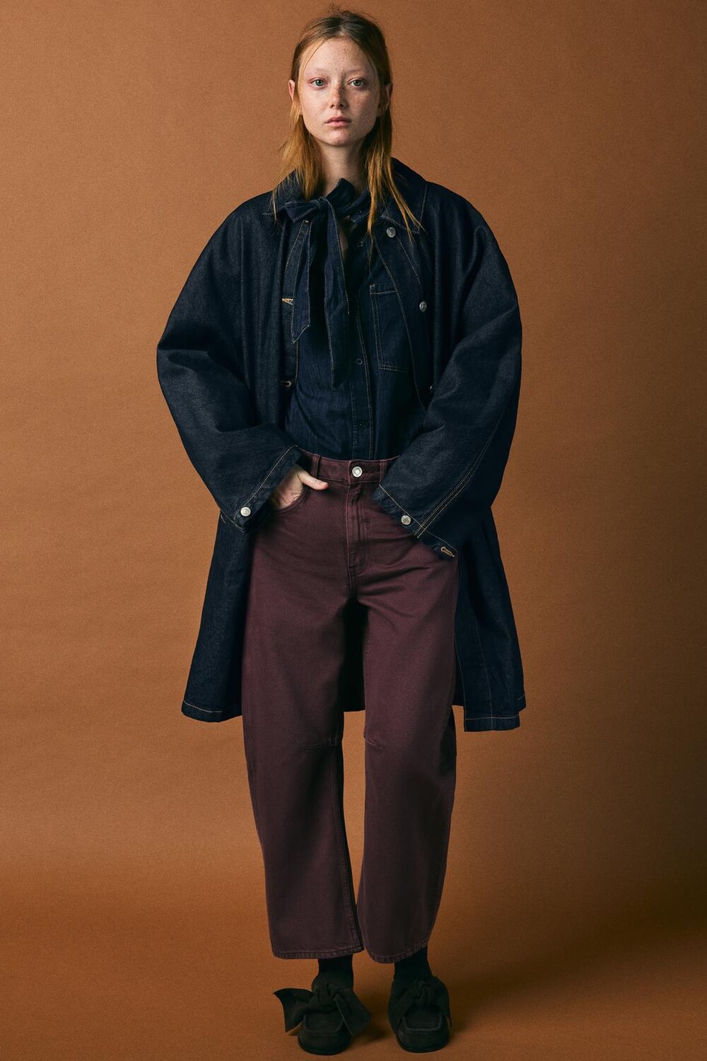 Джинсовая рубашка trf с бантом ZARA, синий