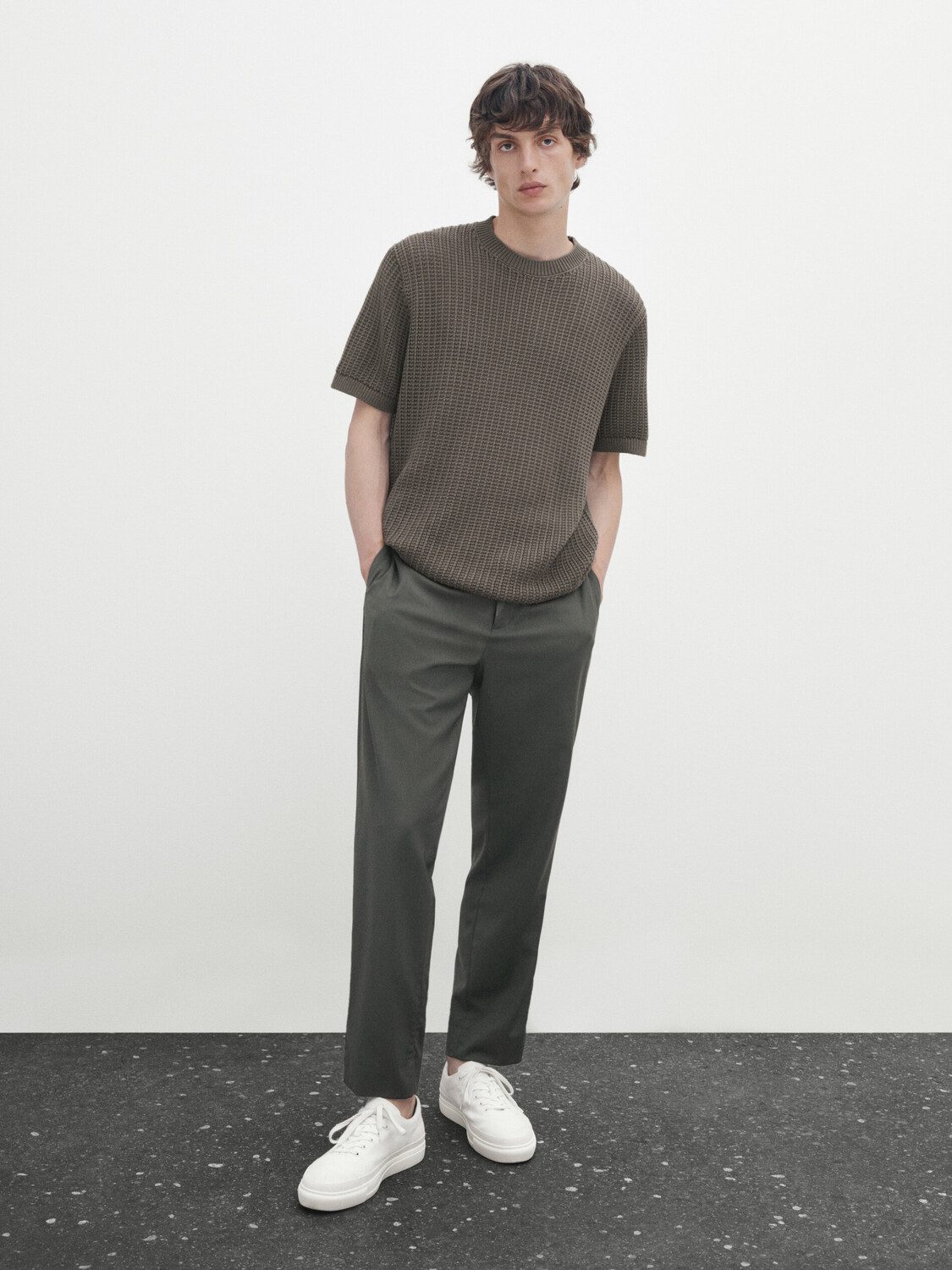 

Трикотажный свитер с короткими рукавами вязание крючком Massimo Dutti, хаки