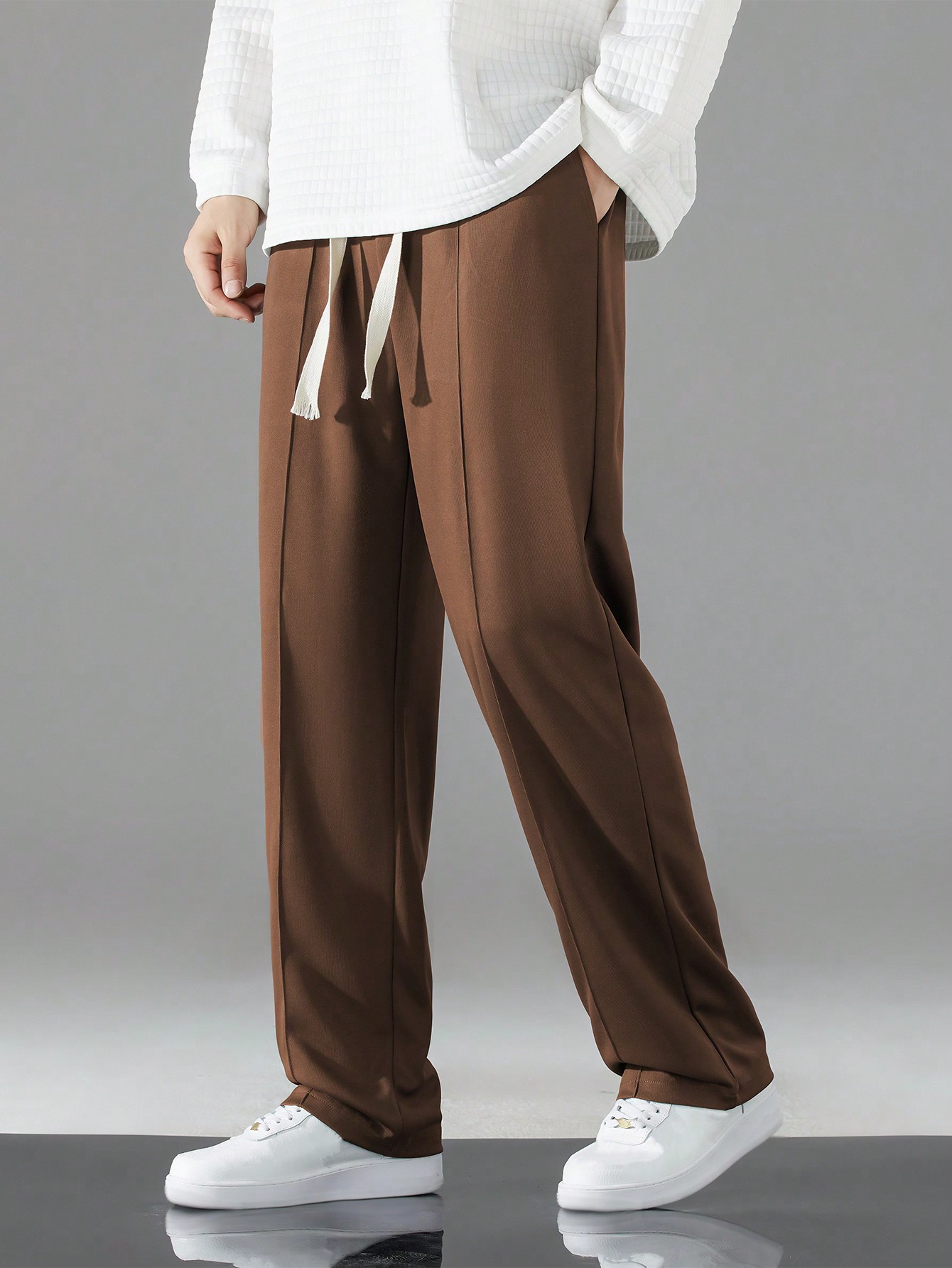 Мужские однотонные повседневные брюки с завязками на талии, кофейный коричневый фото
