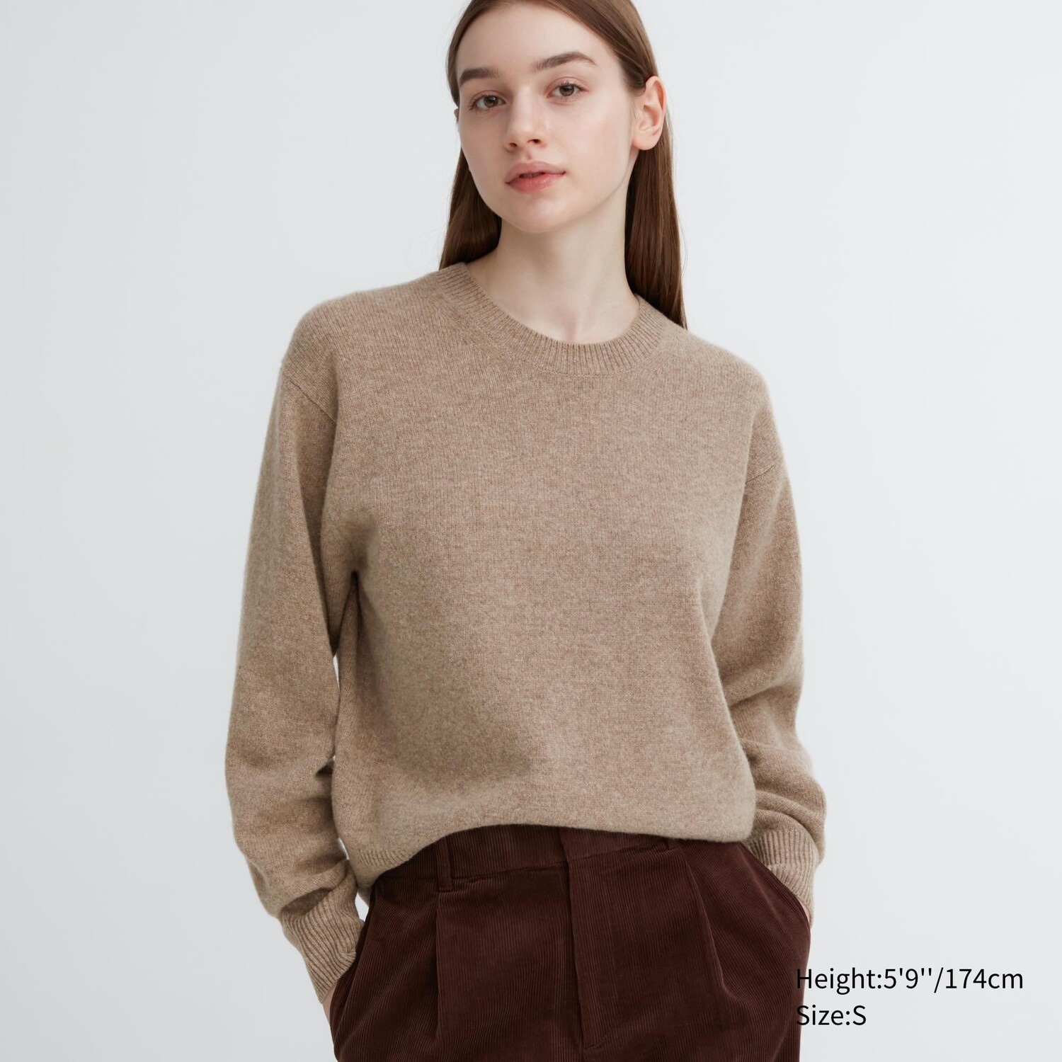 

Джемпер премиум из шерсти ягненка с круглым вырезом UNIQLO, бежевый