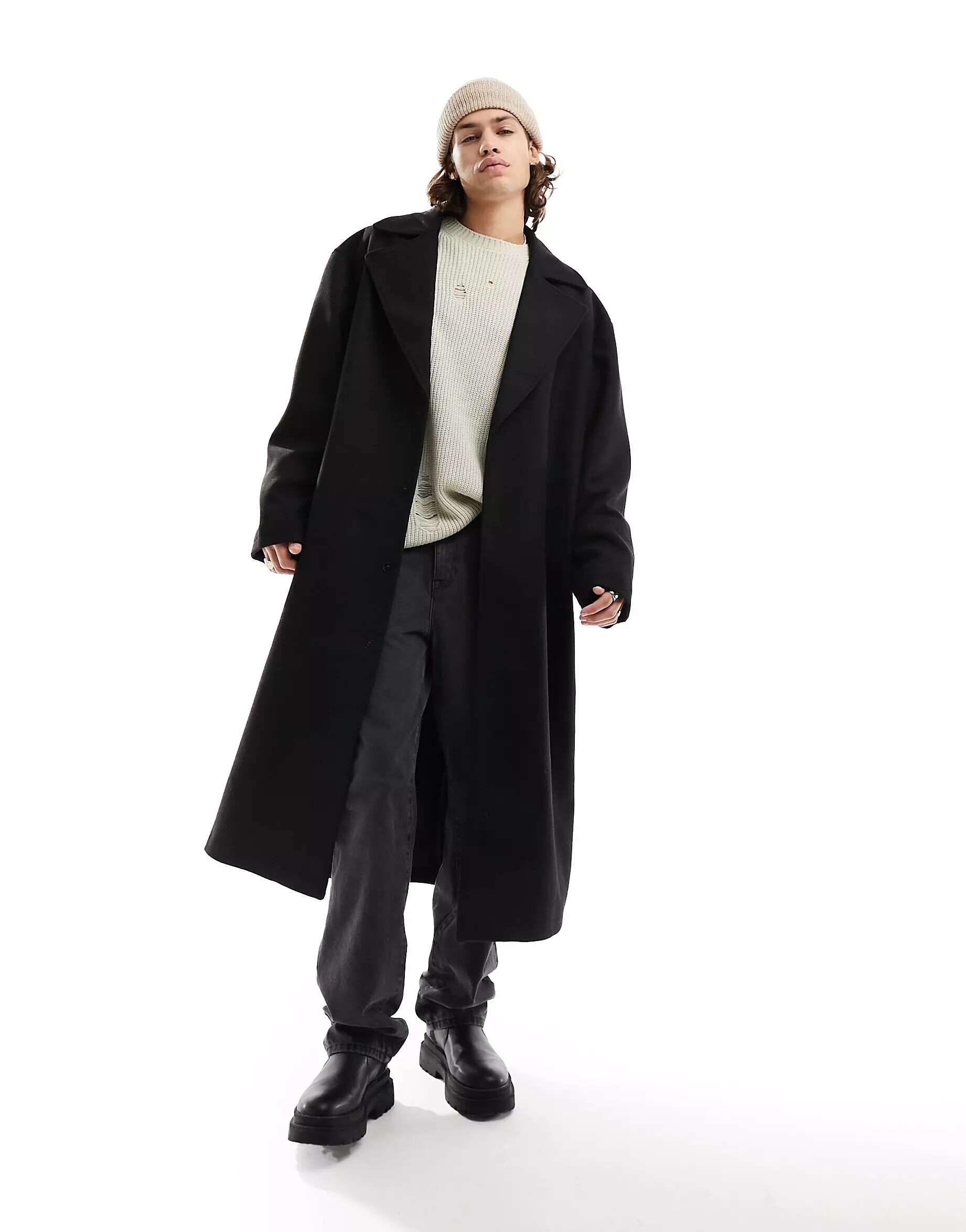 Черное объемное пальто из смесовой шерсти ASOS