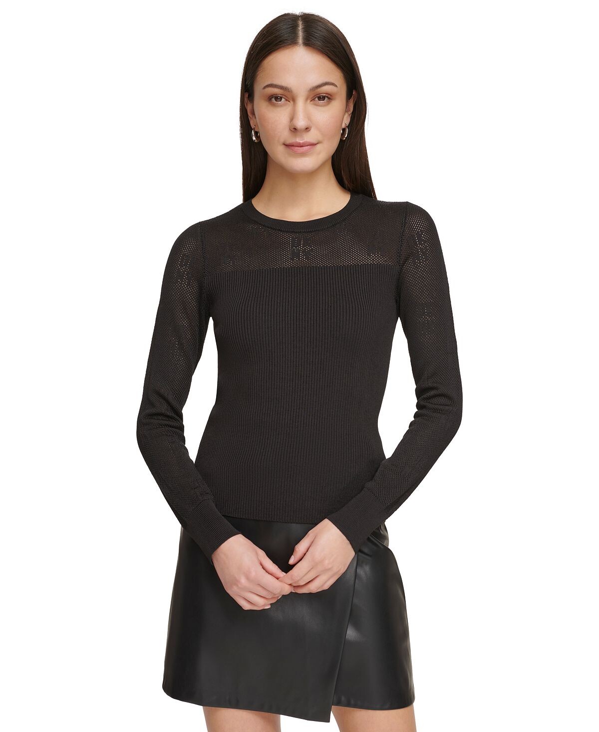 

Женский сетчатый топ с длинными рукавами и логотипом DKNY, черный