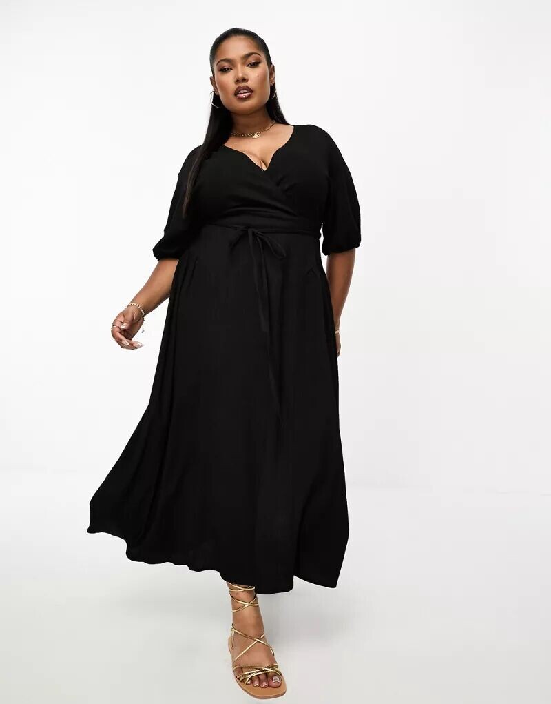 

Черное фактурное платье миди с жатым запахом и завязками по бокам ASOS DESIGN Curve, Черный