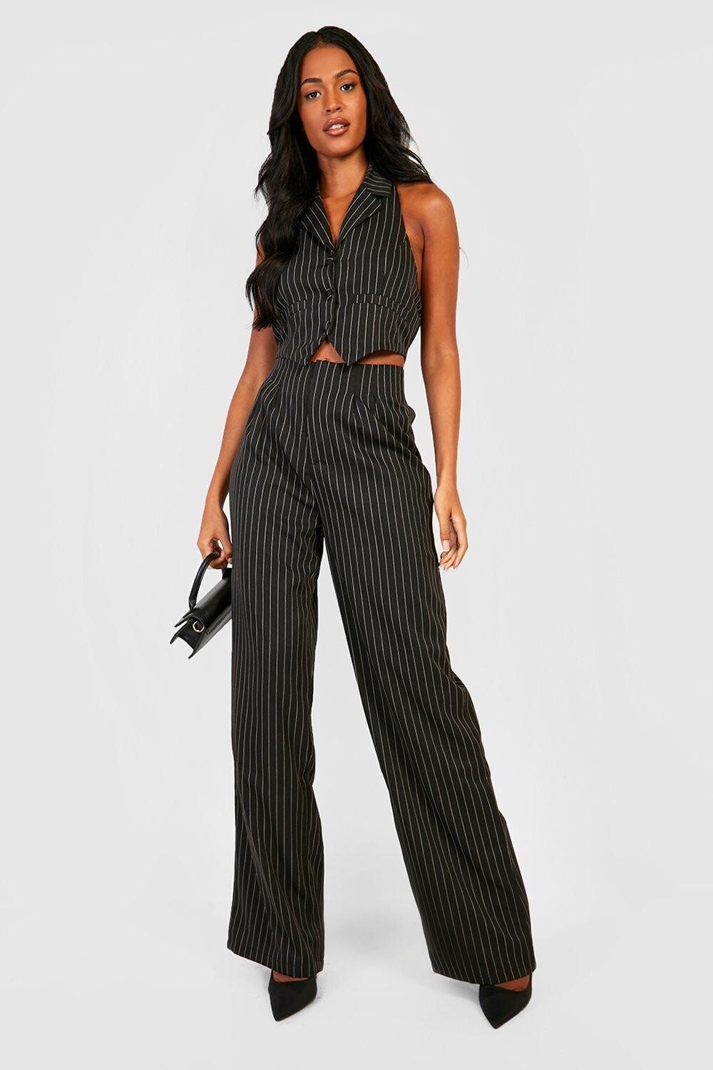 

Высокие широкие брюки в тонную полоску Boohoo, черный