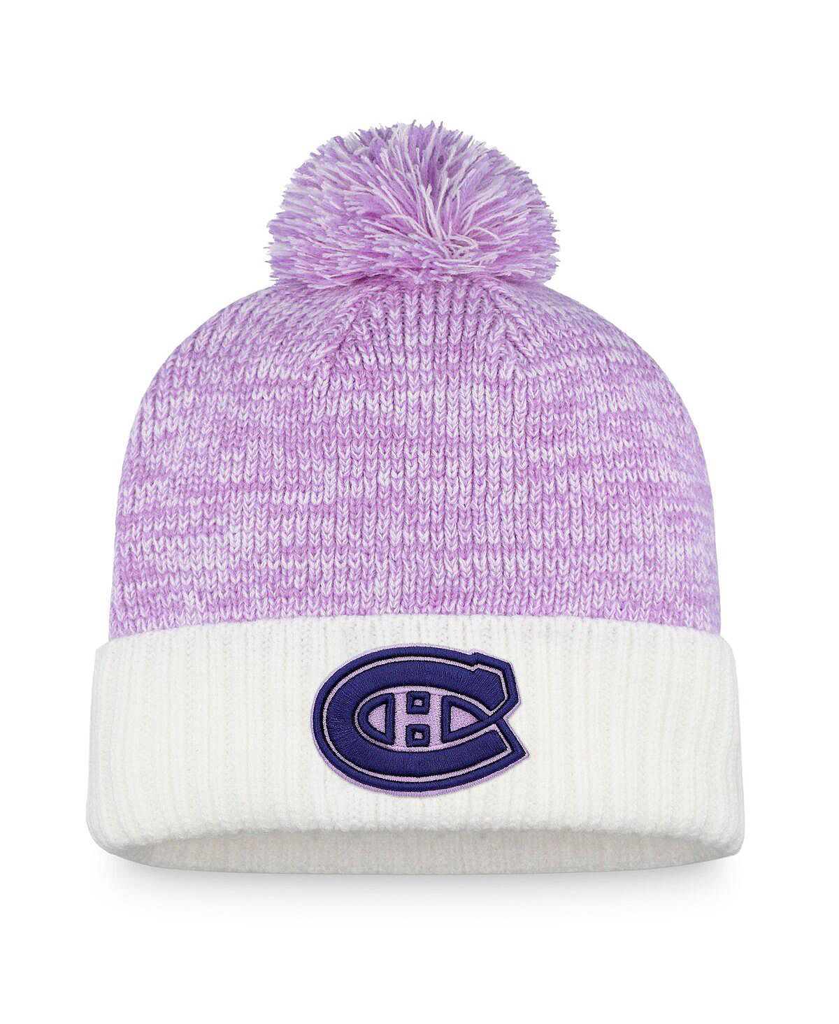 

Мужская фирменная бело-фиолетовая вязаная шапка Montreal Canadiens 2022 Hockey Fights Cancer Authentic Pro с манжетами и помпоном Fanatics