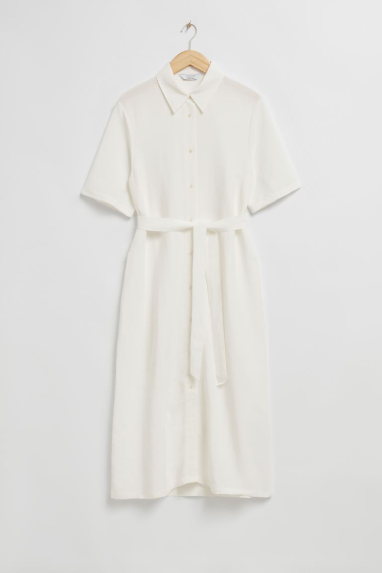 Платье-Рубашка миди с поясом и другие истории H&M, белый платье миди с воланами на рукавах и другие истории h