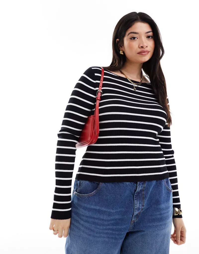 

Вязаный топ с длинными рукавами и вырезом-лодочкой ASOS DESIGN Curve в черно-белую полоску