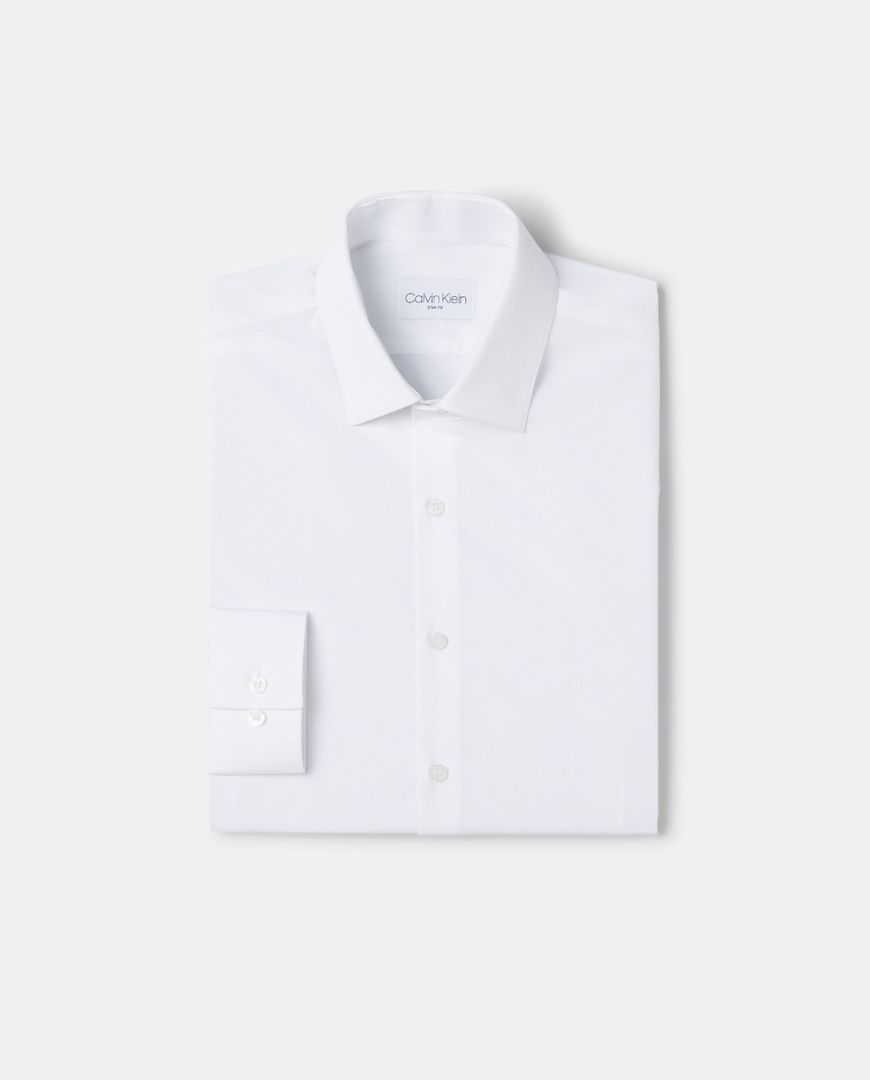 Однотонная узкая мужская рубашка из поплина белого цвета Calvin Klein, белый рубашка из поплина с длинными рукавами 44 fr 50 rus белый