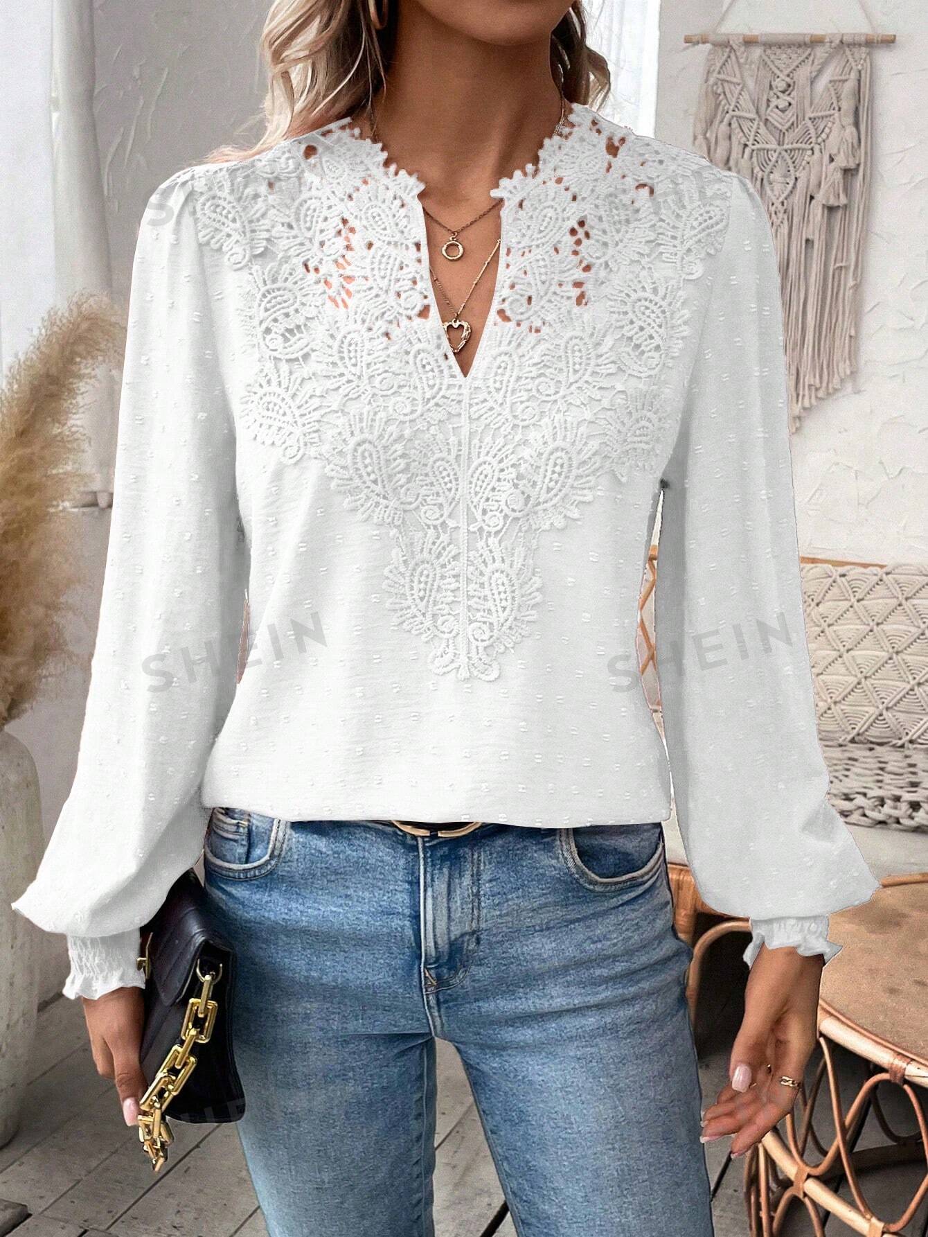 цена SHEIN Privé Женская кружевная рубашка в стиле пэчворк с рукавами-фонариками, белый