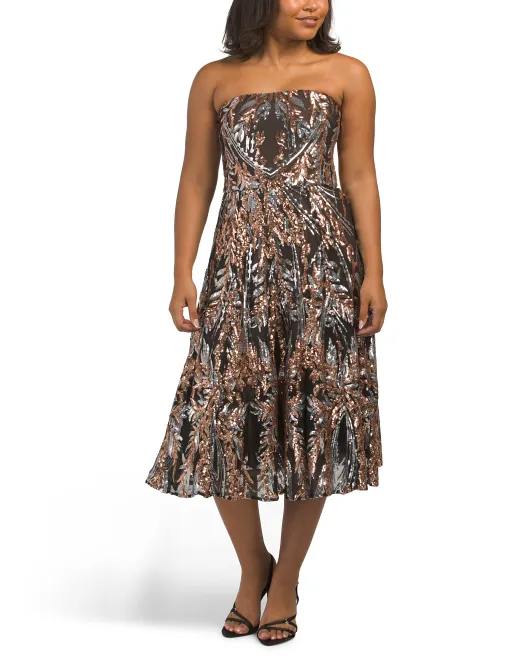 

Рубиновое коктейльное платье миди без бретелек Dress The Population, цвет Rose Gold Multi
