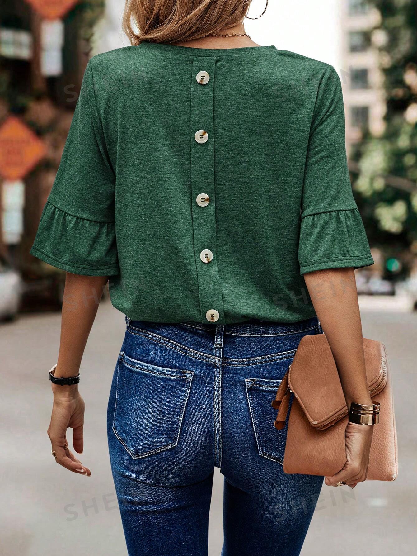 Женская футболка с круглым вырезом и одним рядом пуговиц сзади, темно-зеленый
