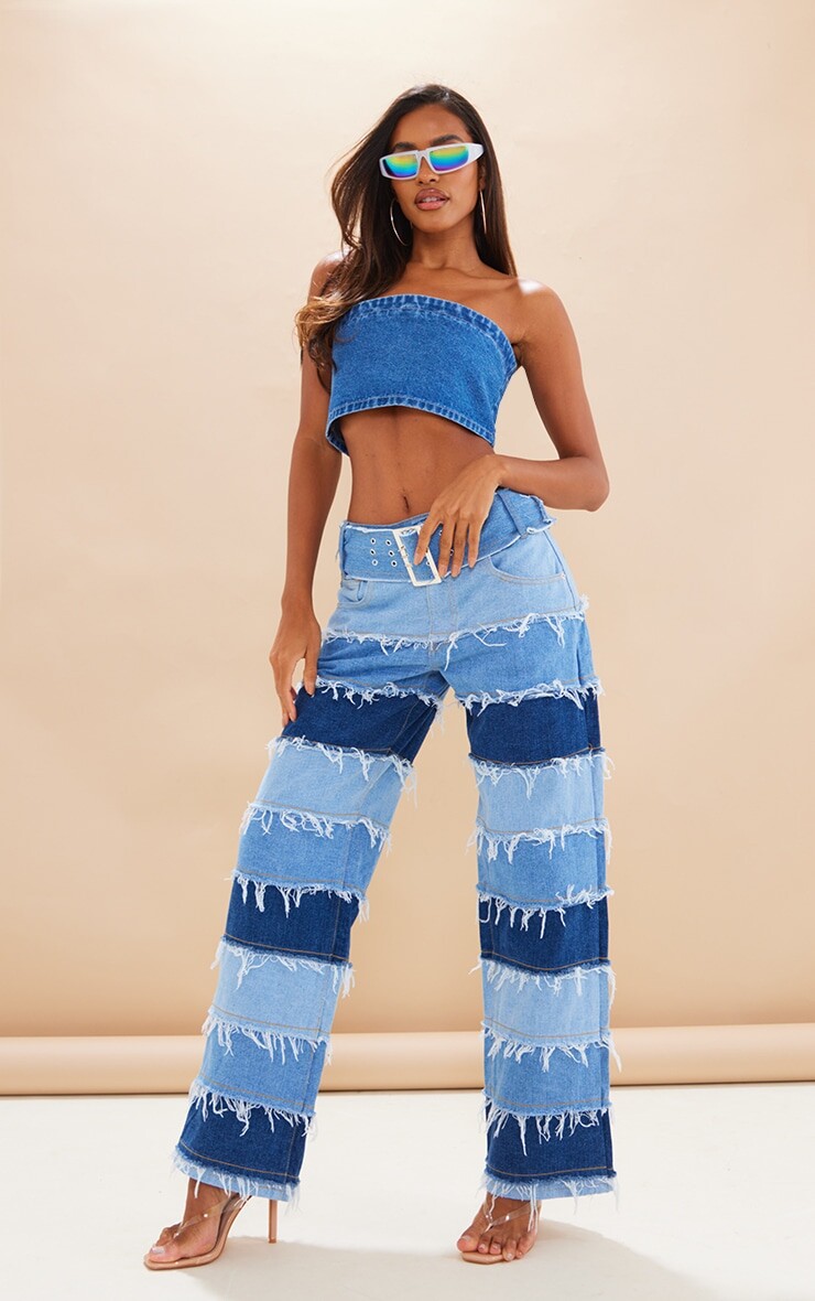 

PrettyLittleThing Синие широкие джинсы с рваными вставками и поясом