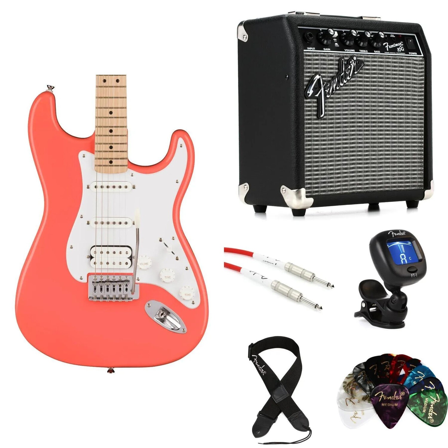 

Комплект электрогитары Squier Sonic Stratocaster и усилителя Fender — Tahitian Coral