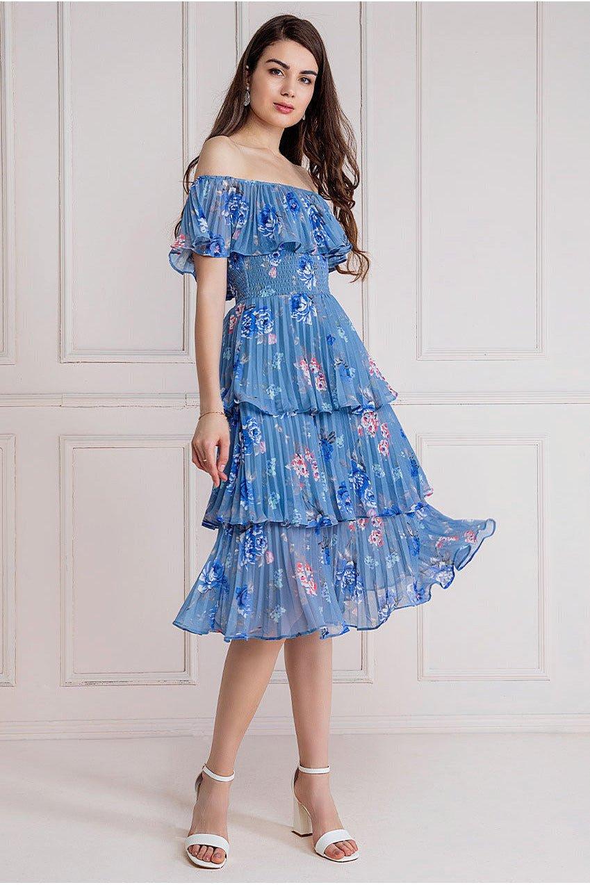 Многоярусное платье миди из шифона со складками и лифом Goddiva, синий платье миди из атласа и акваланга с открытыми плечами goddiva черный