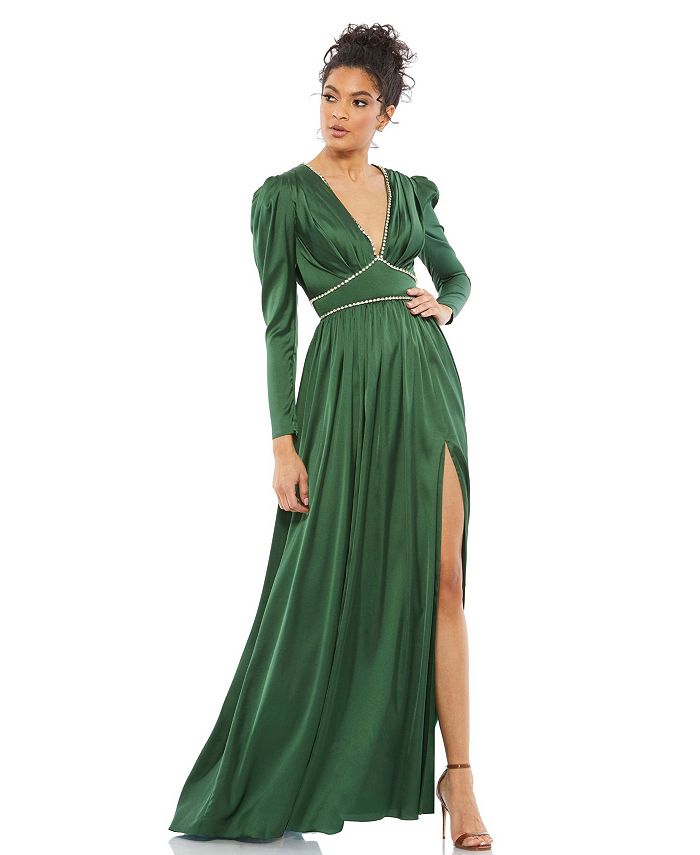 Женское атласное платье Ieena с пышными плечами, инкрустированное стразами Mac Duggal, зеленый