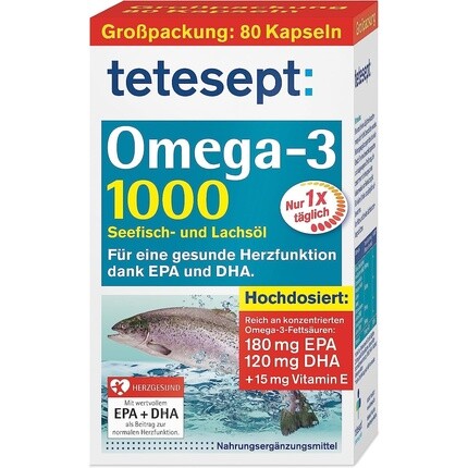 

tetesept Omega-3, 1000 капсул с маслом морской рыбы и лосося, высокие дозы жирных кислот омега-3, DHA, EPA и витамина E, пищевая добавка для поддержки сердечно-сосудистой системы, 80 шт.
