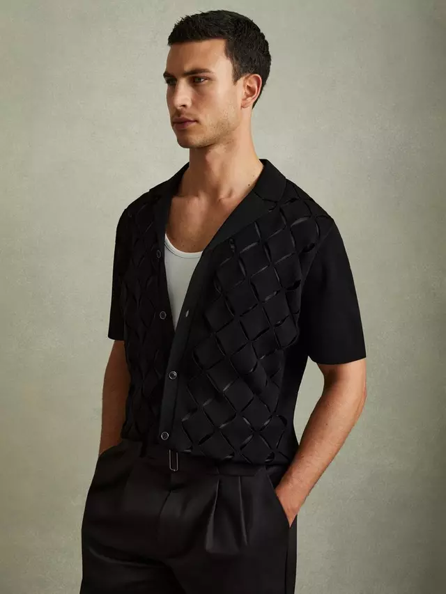 

Рубашка Reiss Harley Diamond Pattern Cuban Collar Short, черный