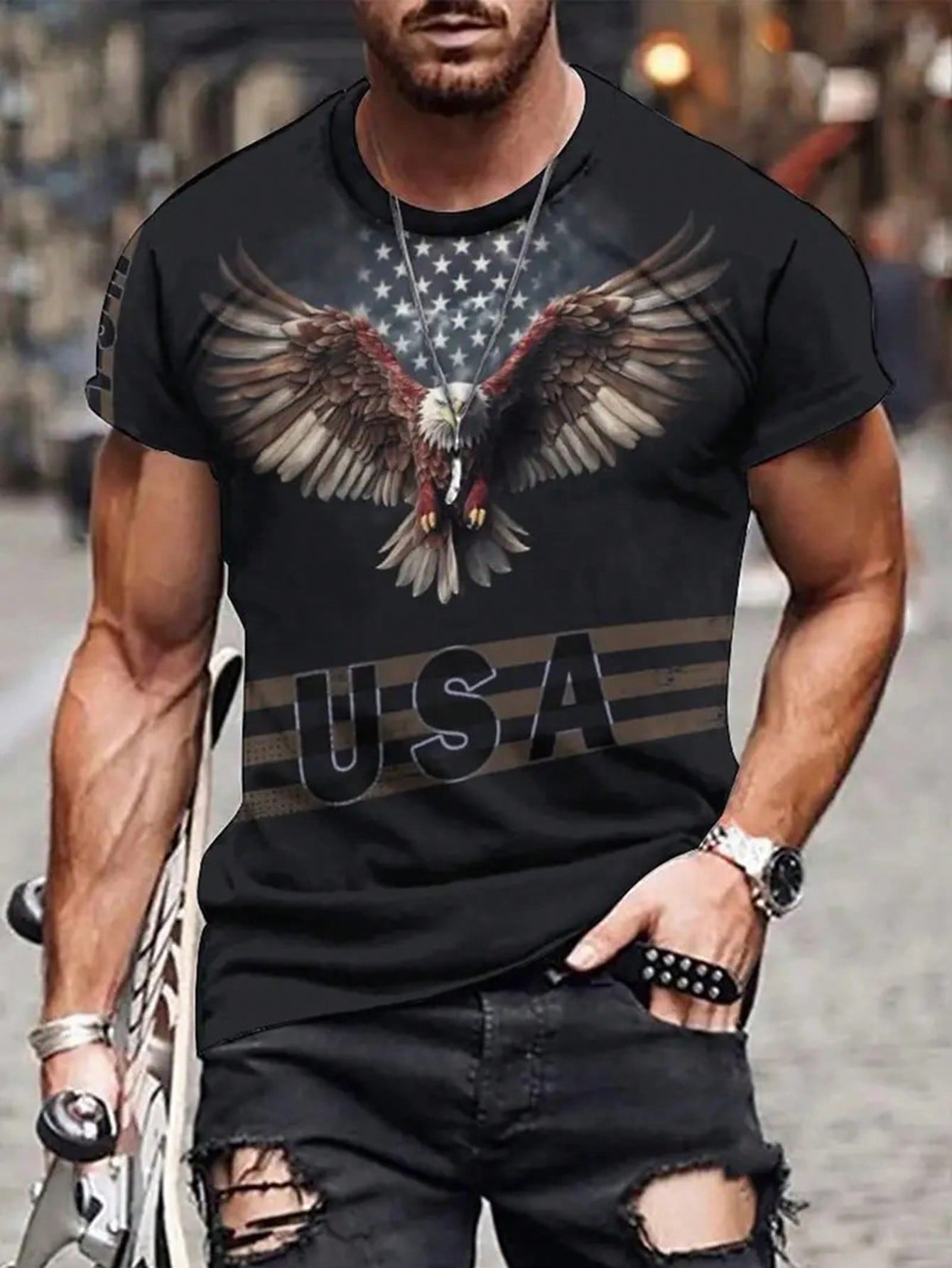 Мужская полосатая футболка с круглым вырезом и принтом звезд, орлов и букв, черный