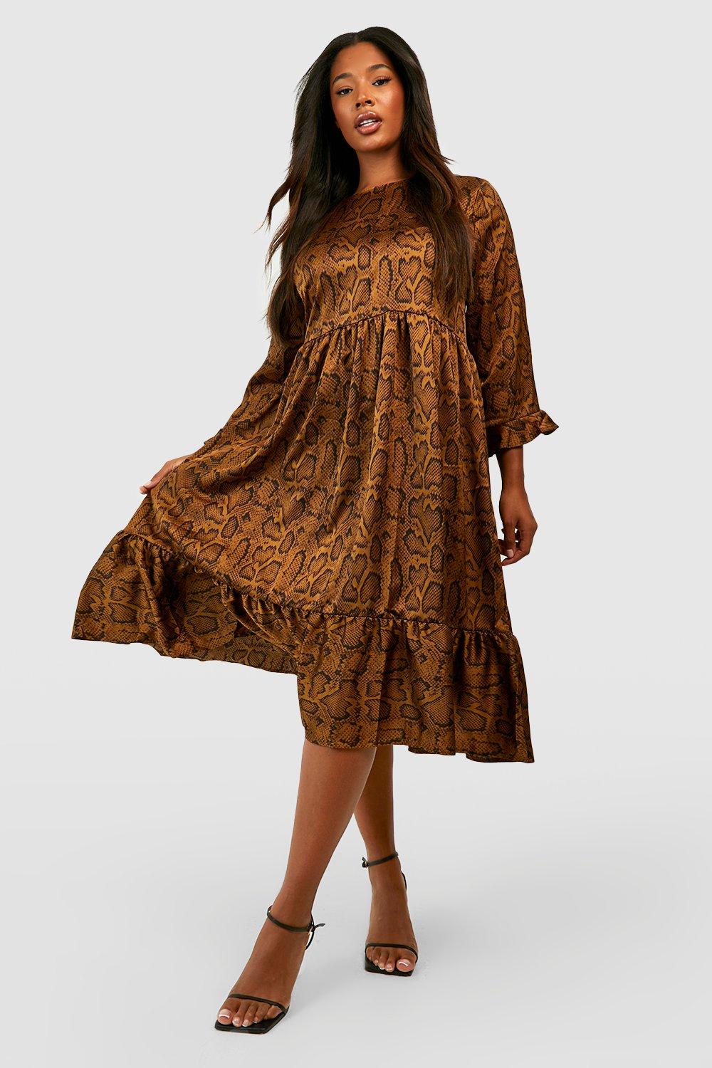 Платье миди из ткани змеи Boohoo, коричневый