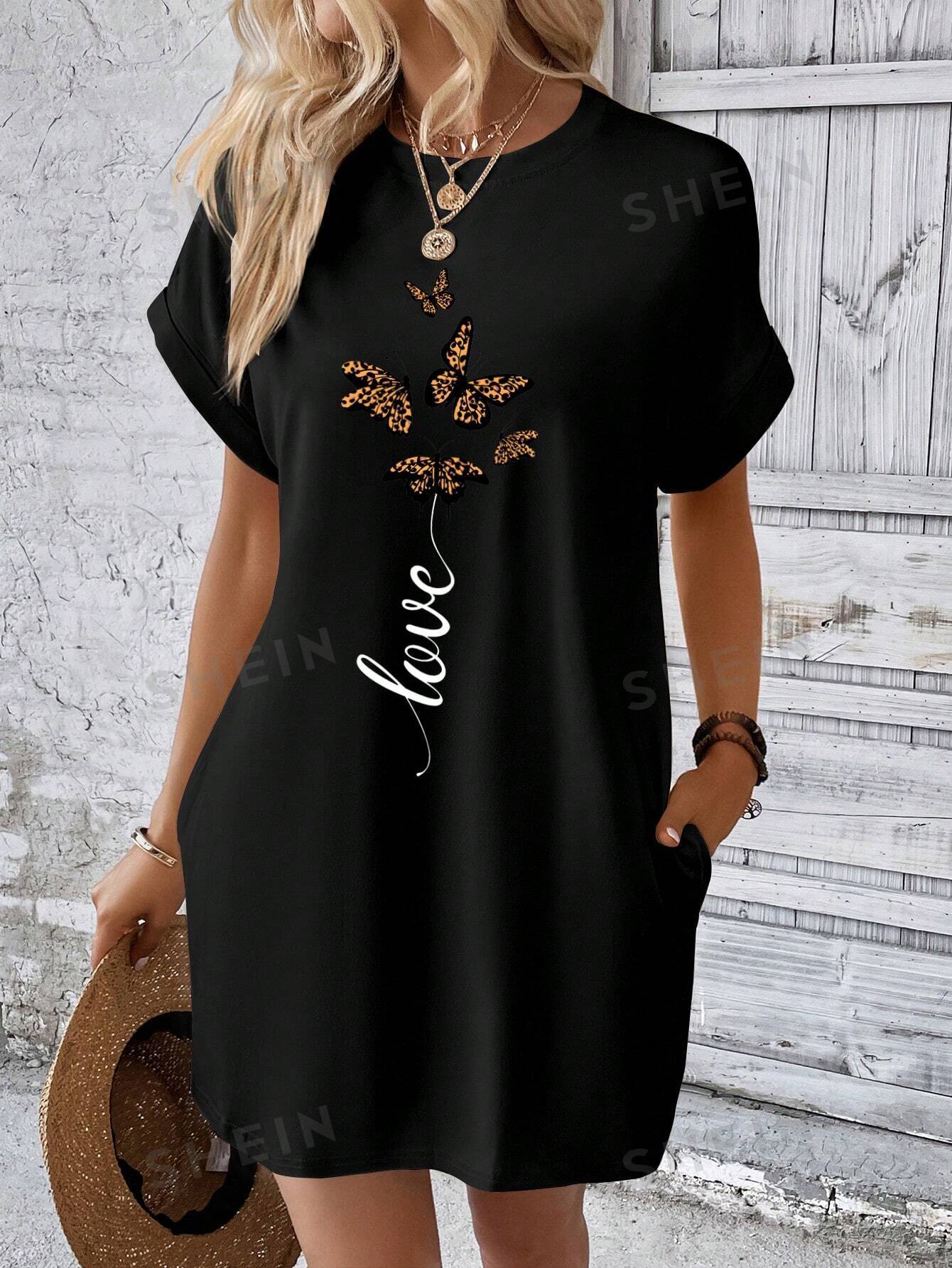 цена SHEIN LUNE Женское платье-футболка с рукавами «летучая мышь» и принтом бабочки, черный