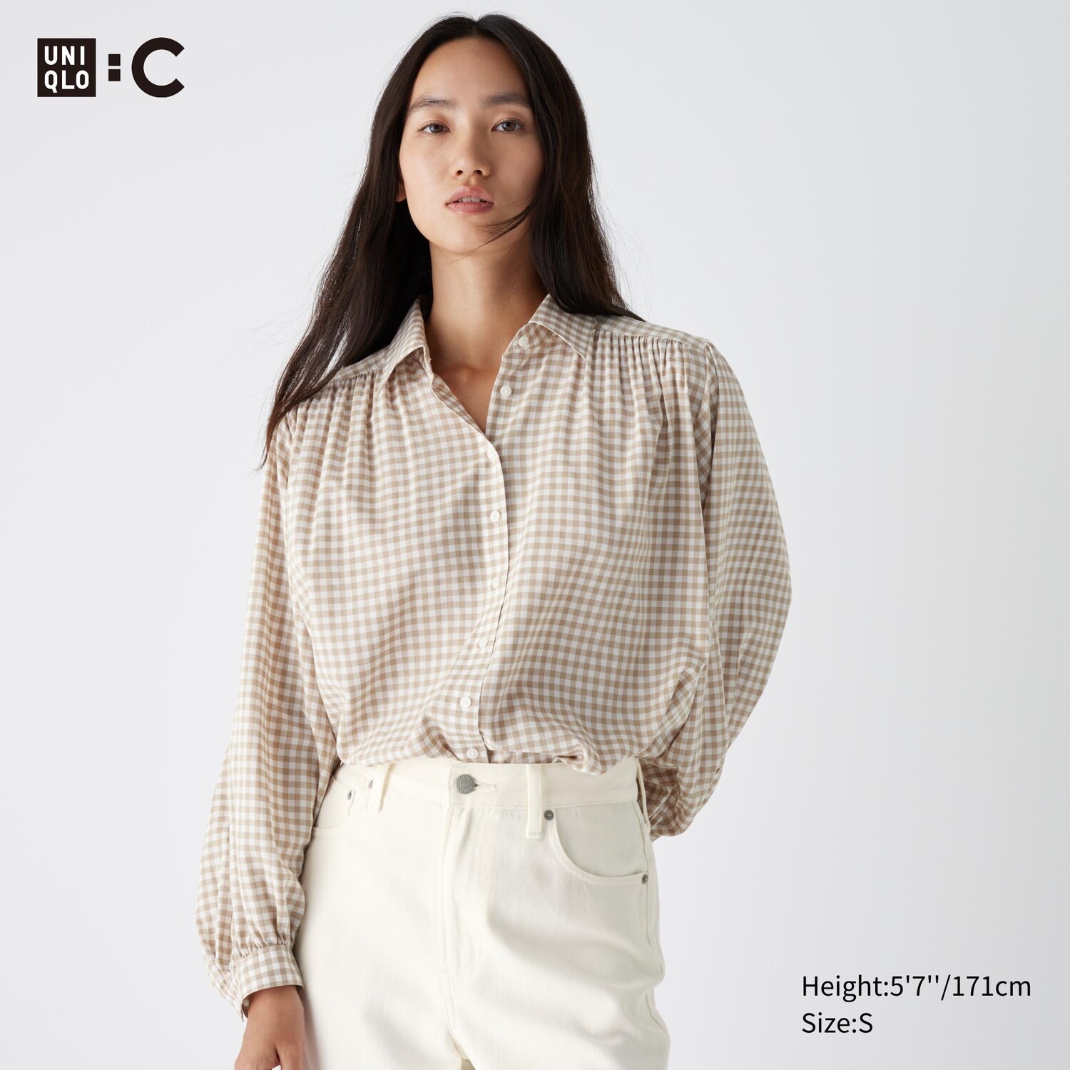 

Объемная рубашка в клетку UNIQLO, бежевый
