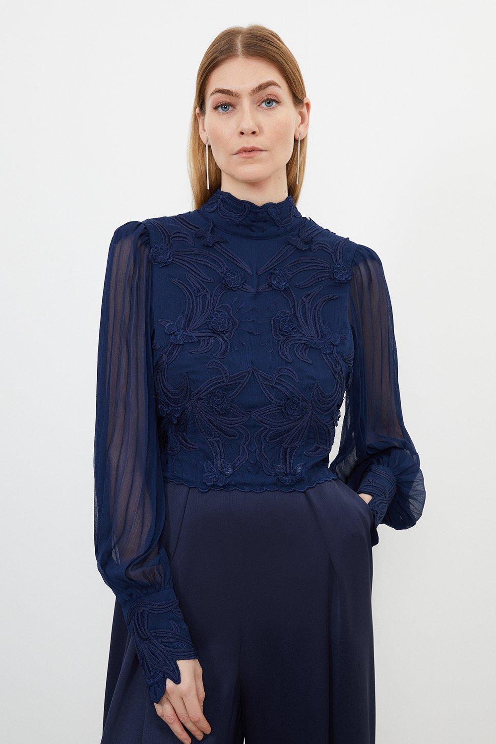 Кружевная блузка с аппликацией Karen Millen, темно-синий черная кружевная блузка и юбка