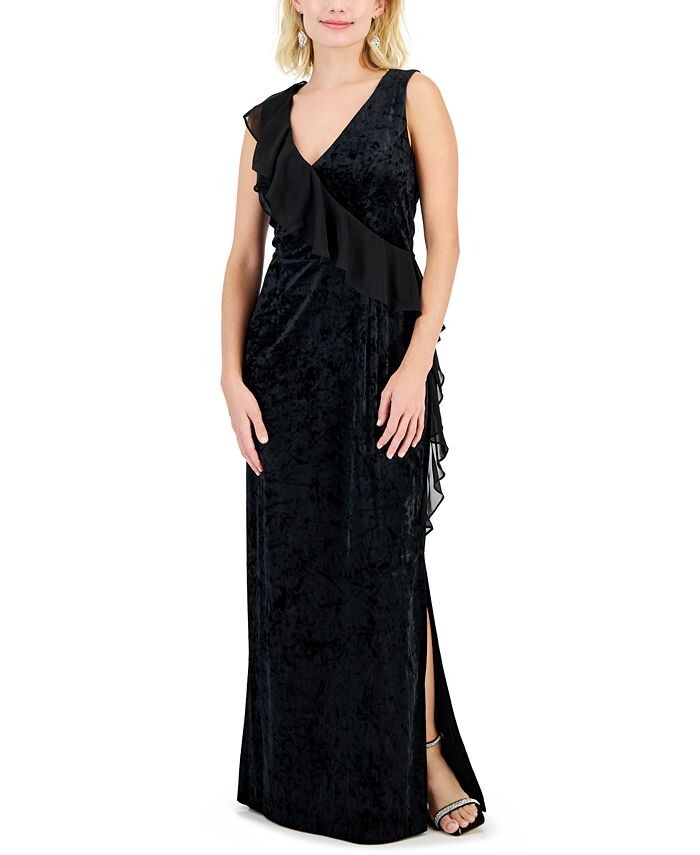 

Миниатюрное бархатное платье с V-образным вырезом, оборками и боковыми разрезами Connected, черный