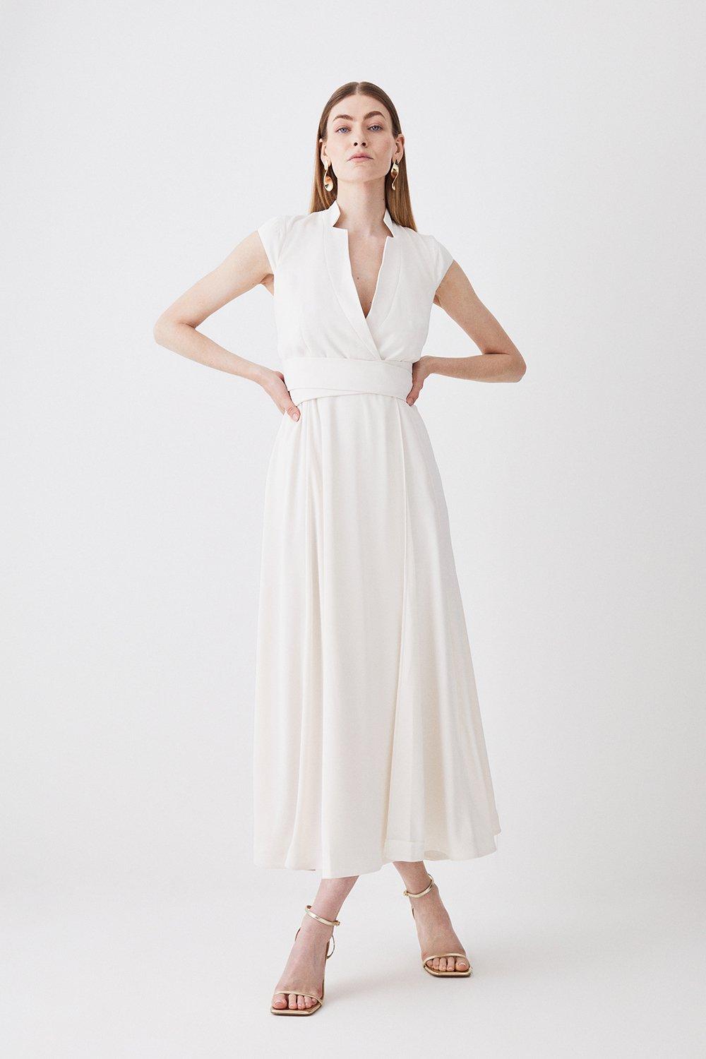 Тканое платье миди с высоким V-образным вырезом и запахом Karen Millen, белый
