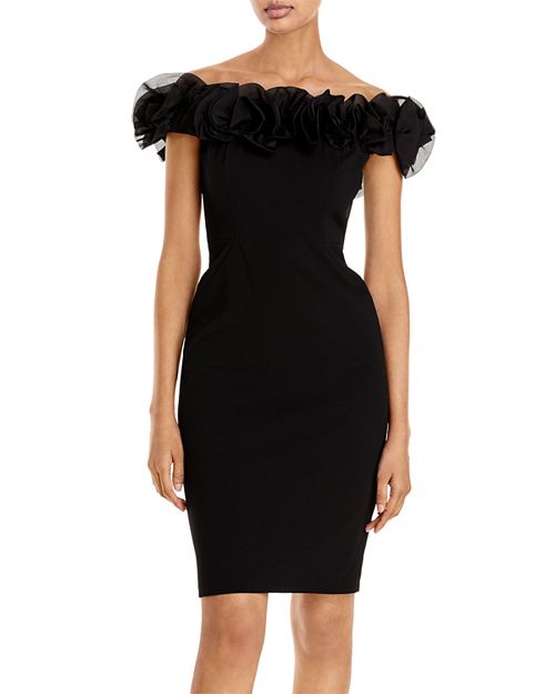 Платье с открытыми плечами и оборками Aidan Mattox, цвет Black цена и фото