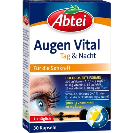 

Abtei Eye Vital Day and Night с витамином А, лютеином, DHA и зеаксантином — для поддержания зрения — протестировано в лабораторных условиях, высокая доза — 30 капсул