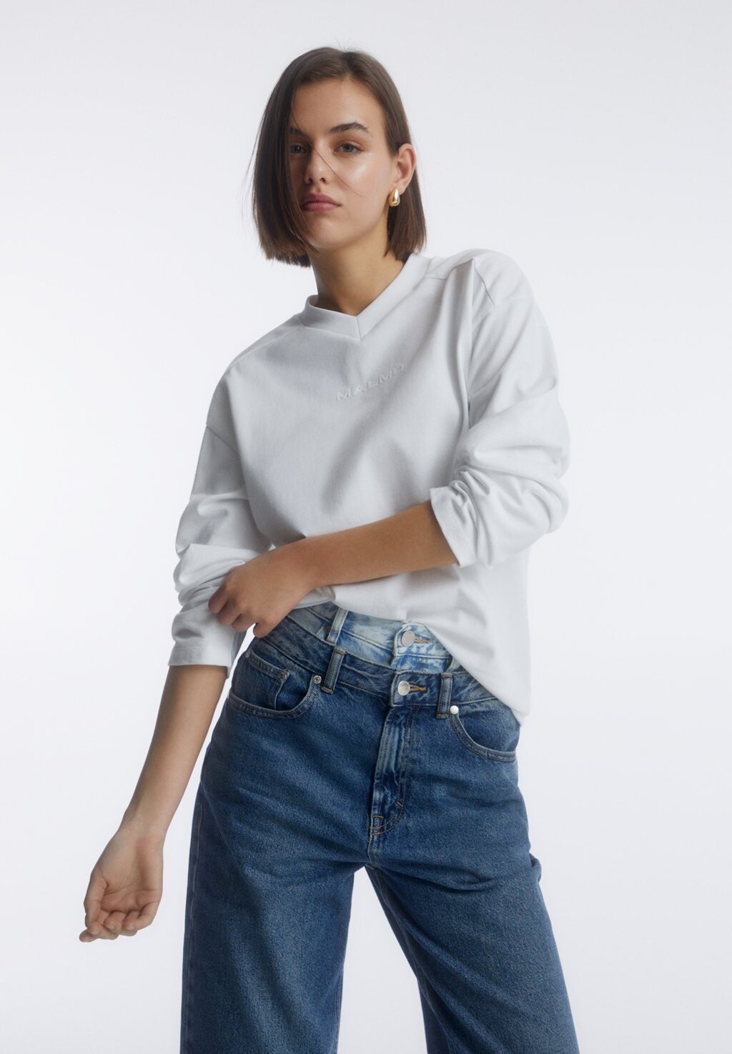 

Футболка с длинными рукавами Oversize V-Neck PULL&BEAR, белый