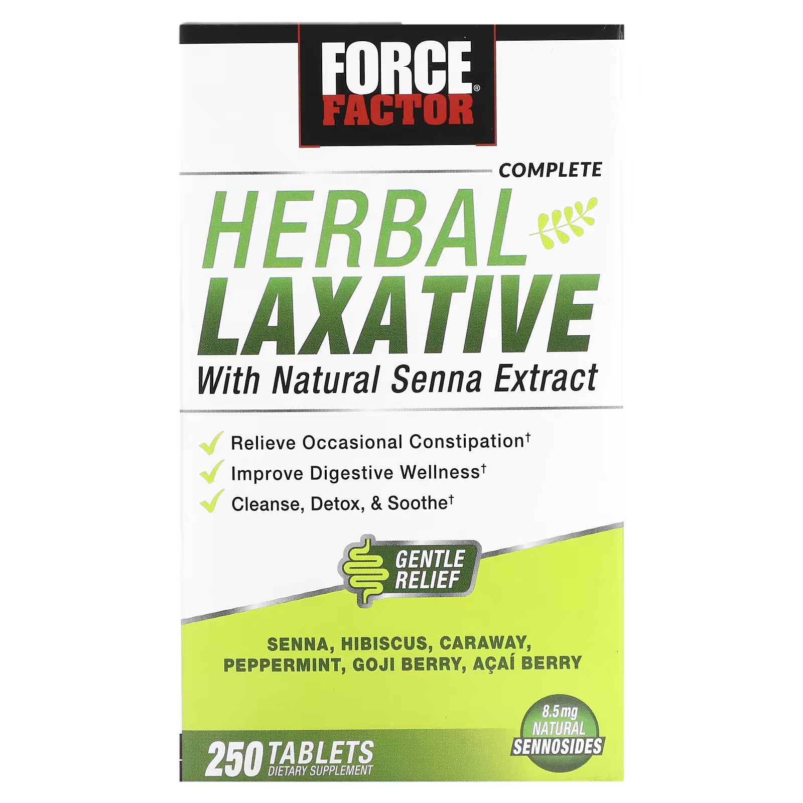 Травяное слабительное Force Factor с натуральным экстрактом сенны, 250 таблеток