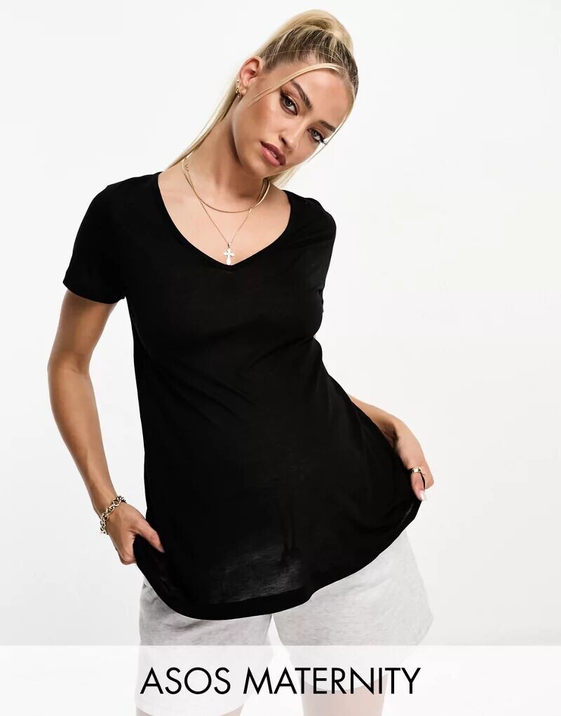 

Черная футболка свободного кроя с v-образным вырезом ASOS DESIGN Maternity, Черный